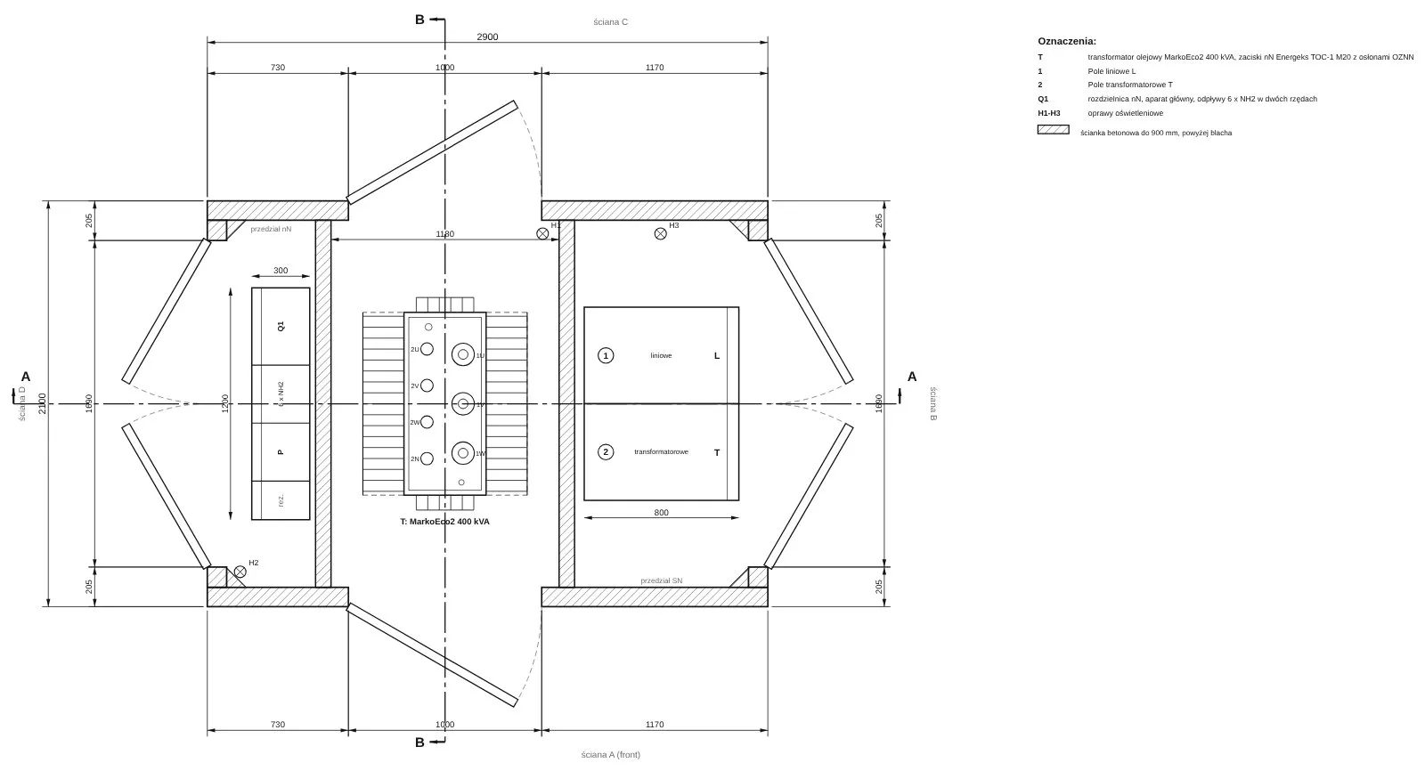 Rzut z rozmieszczeniem aparatury: kompaktowa stacja transformatorowa z obsługą zewnętrzną Energeks 400 kVA, ENG-B400-15S-LT-06-thumbnail